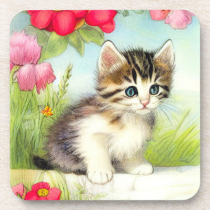 Vintage White and Brown Kitten with Flowers Coaster