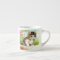 Vintage White and Brown Kitten with Flowers