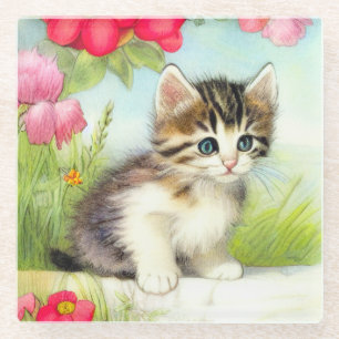 Vintage White and Brown Kitten with Flowers Glass Coaster