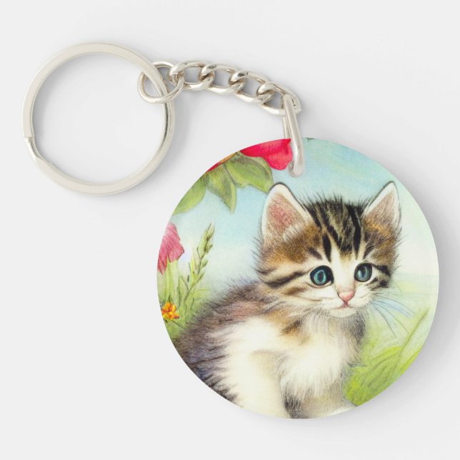 Vintage White and Brown Kitten with Flowers Keychain (Front)