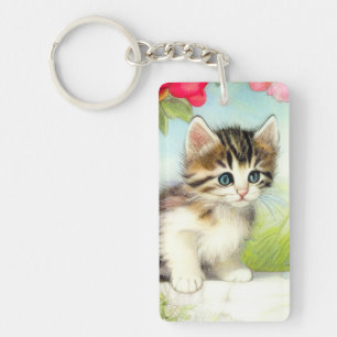 Vintage White and Brown Kitten with Flowers Keychain