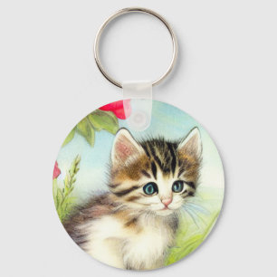 Vintage White and Brown Kitten with Flowers Keychain