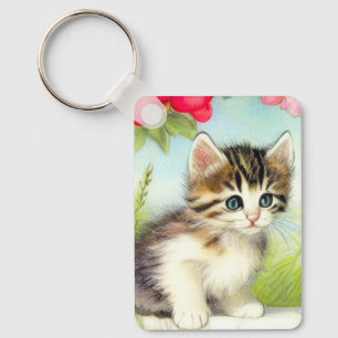 Vintage White and Brown Kitten with Flowers Keychain