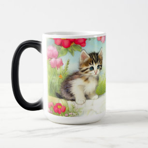 Vintage White and Brown Kitten with Flowers Magic Mug