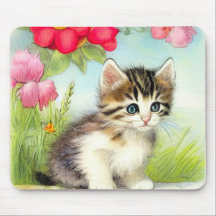 Vintage White and Brown Kitten with Flowers Mouse Pad