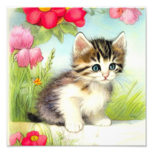 Vintage White and Brown Kitten with Flowers Photo Print