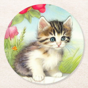 Vintage White and Brown Kitten with Flowers Round Paper Coaster