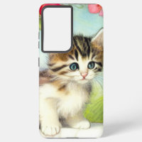 Vintage White and Brown Kitten with Flowers