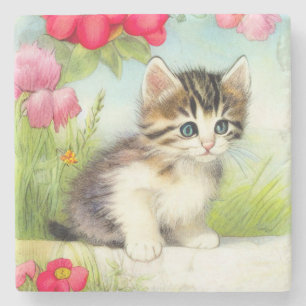 Vintage White and Brown Kitten with Flowers Stone Coaster