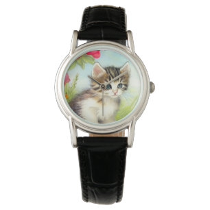 Vintage White and Brown Kitten with Flowers Watch