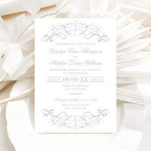 Vintage White and Silver Grey Flourish Wedding Invitation