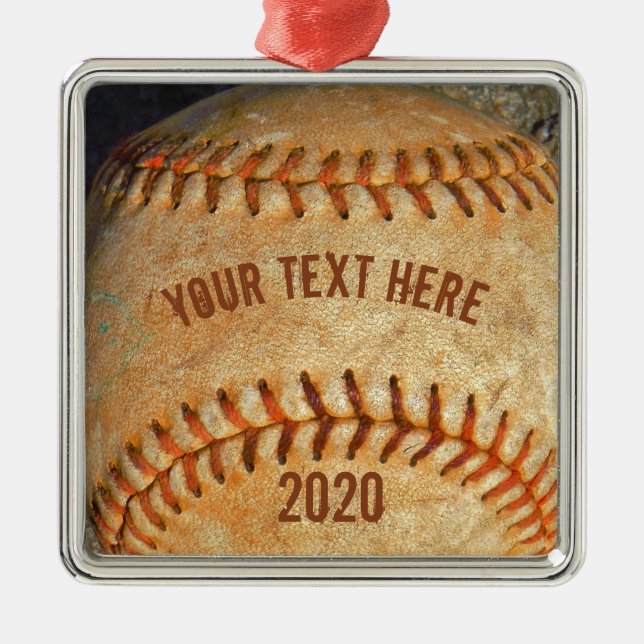 Vintage White Baseball red stitching Metal Ornament (Front)