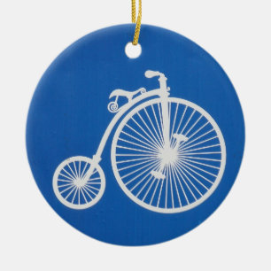 Vintage White Bicycle on Blue Ceramic Ornament
