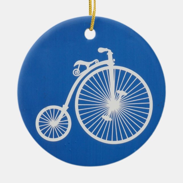 Vintage White Bicycle on Blue Ceramic Ornament (Front)