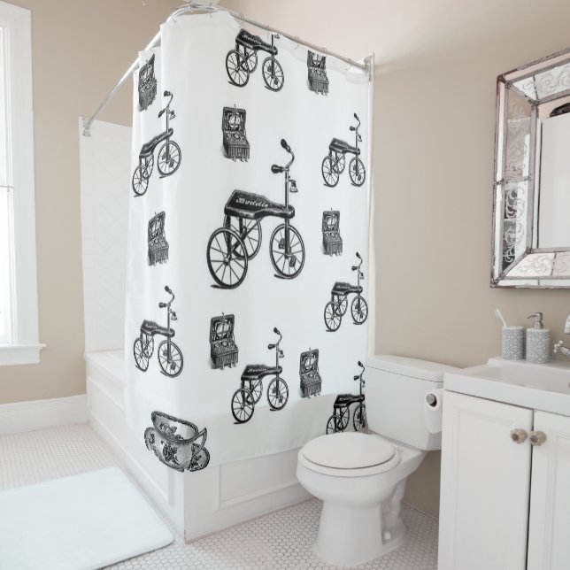 vintage white bicycle showercurtain (In Situ)