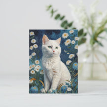 Vintage White Cat Flowers Blue Portrait Van Gogh