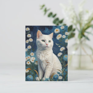 Vintage White Cat Flowers Blue Portrait Van Gogh Postcard