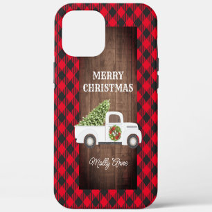 Vintage White Christmas Tree Truck Rustic Plaid iPhone 12 Pro Max Case