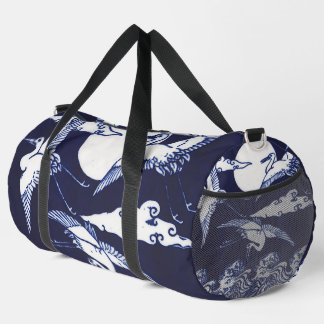 Vintage White Cranes on Dark Navy Blue  Duffle Bag