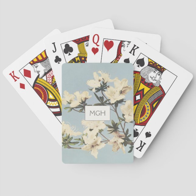 Vintage White Cream Azalea Flowers Monogram Playing Cards (Back)