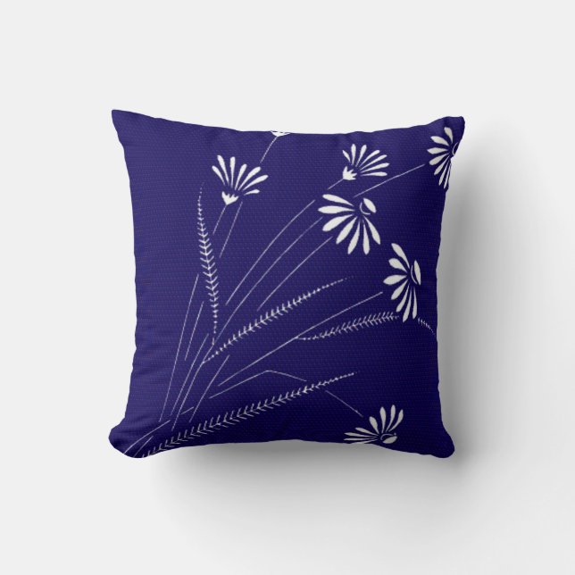 Vintage White Daisies on Blue Throw Pillow (Front)