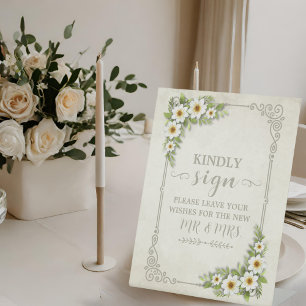 Vintage White Daisy Floral Romantic Rustic Wedding Pedestal Sign
