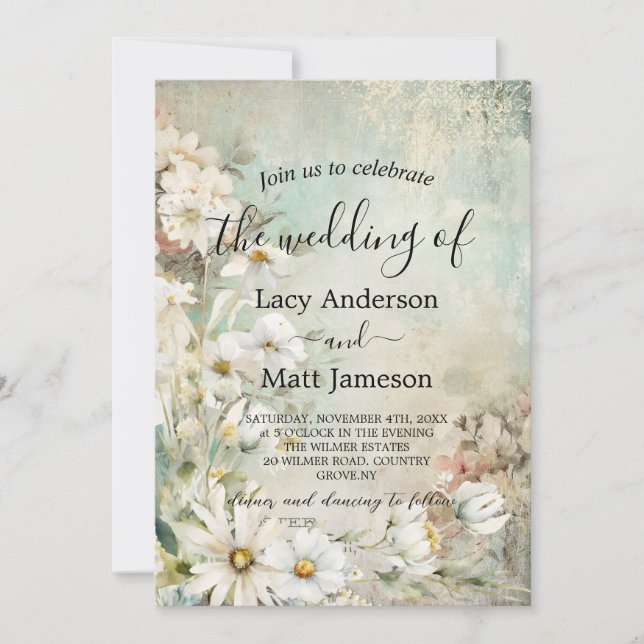 Vintage White Daisy Photo QR Code Wedding Invitation (Front)