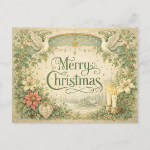 Vintage White Dove Christmas Wreath  Holiday Postcard