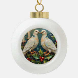 Vintage White Doves and Holly Garland Christmas Ceramic Ball Christmas Ornament