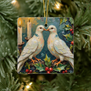 Vintage White Doves and Holly Garland Christmas Ceramic Ornament