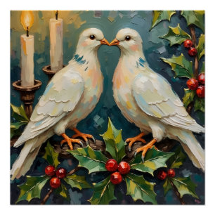 Vintage White Doves and Holly Garland Christmas Poster