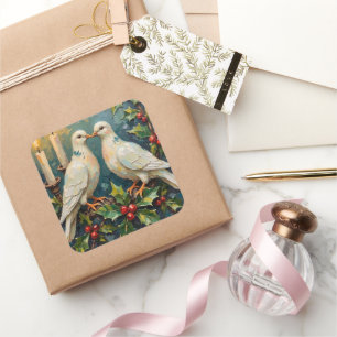 Vintage White Doves and Holly Garland Christmas Square Sticker