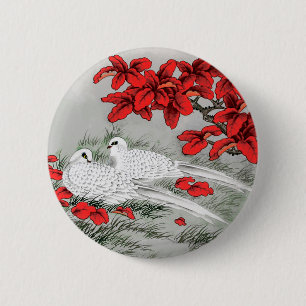 Vintage White Doves and Red Leaves on Grey / Grey 2 Inch Round Button
