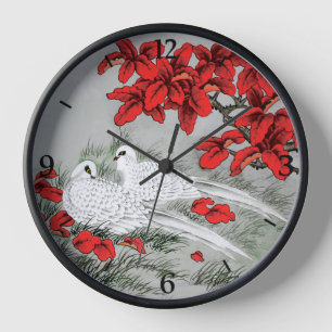 Vintage White Doves and Red Leaves on Grey / Grey  Clock