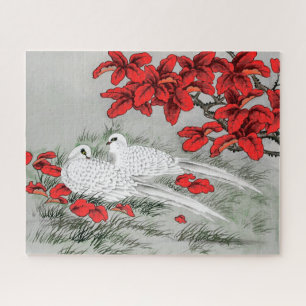 Vintage White Doves and Red Leaves on Grey / Grey Jigsaw Puzzle