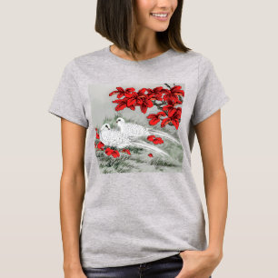 Vintage White Doves and Red Leaves on Grey / Grey T-Shirt