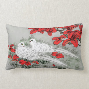 Vintage White Doves and Red Leaves on Grey Lumbar Pillow