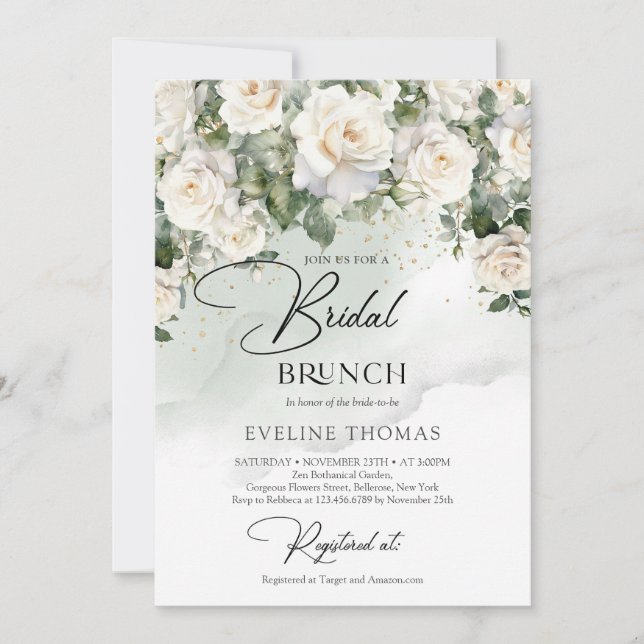 Vintage white English roses greenery Bridal brunch Invitation (Front)