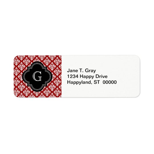 Vintage White Floral Damask #3 Red BG Monogram Return Address Label