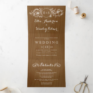 Vintage white floral frame, initials wood wedding Tri-Fold invitation