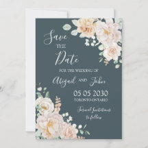 Vintage White Floral Navy Blue Save the Date Card