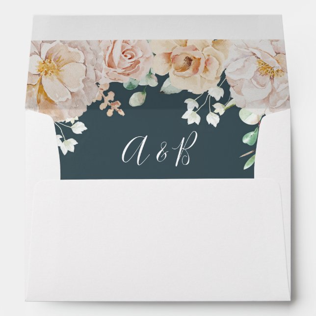 Vintage White Floral Navy Blue Wedding Envelope (Back (Bottom))