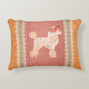 Vintage White Floral Poodle With Roses Accent Pillow