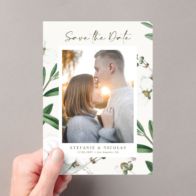 Vintage White Flowers Botanical Photo Acrylic Invitations (Insitu (Handheld))