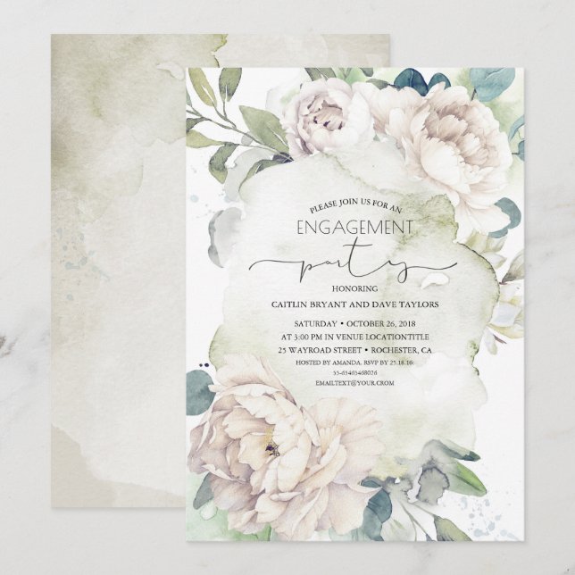 Vintage White Flowers Elegant Engagement Party Invitation (Front/Back)
