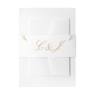 Vintage White Gold Floral Damask Script Wedding Invitation Belly Band