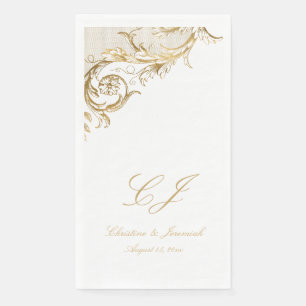 Vintage White Gold Floral Damask Script Wedding Napkin