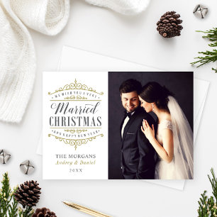 Vintage White Gold Married Christmas Wedding Photo Holiday Card