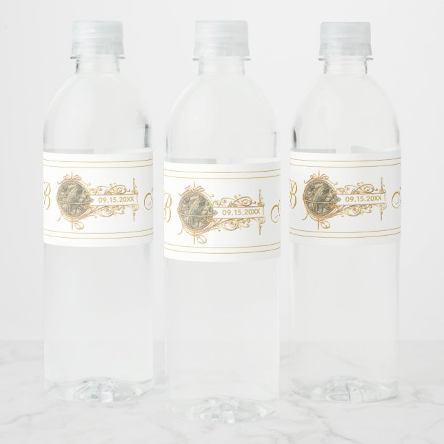 Vintage White Gold Monogrammed Wedding Water Bottle Label (Bottles)