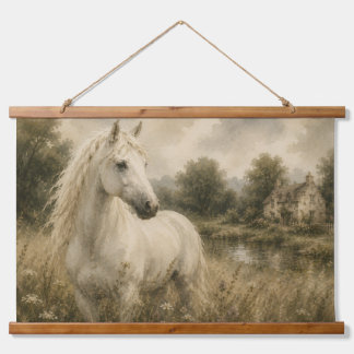 Vintage White Horse Meadow Cottage Wall Hanging Tapestry